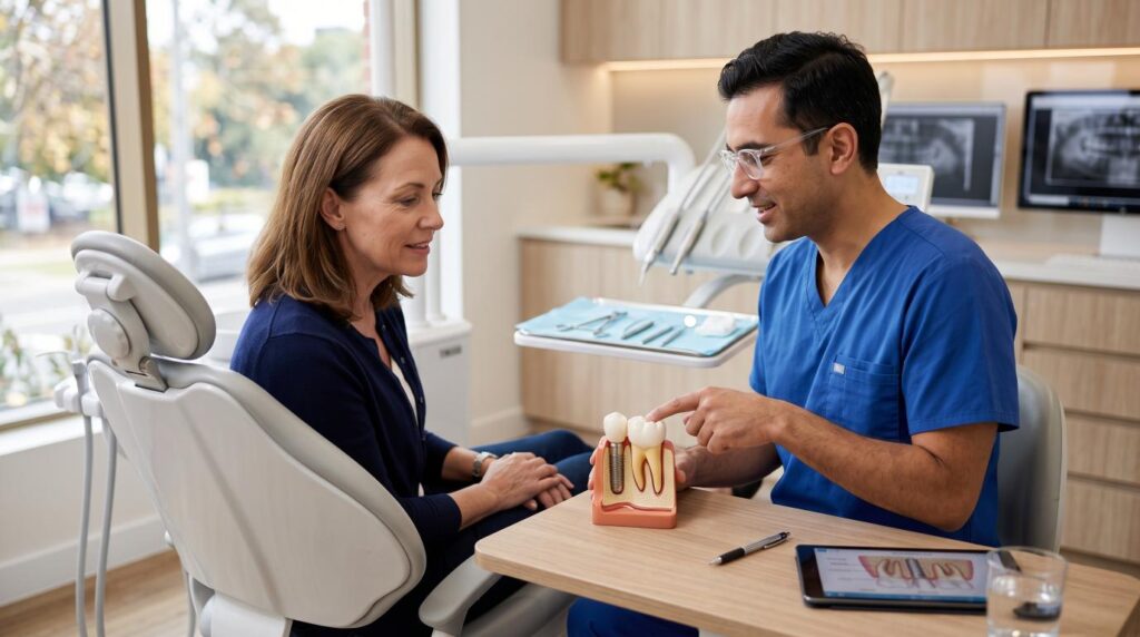 Dentist explaining dental implant parts and long-term lifespan to a patient