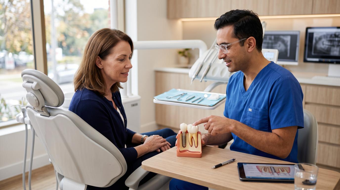 Dentist explaining dental implant parts and long-term lifespan to a patient