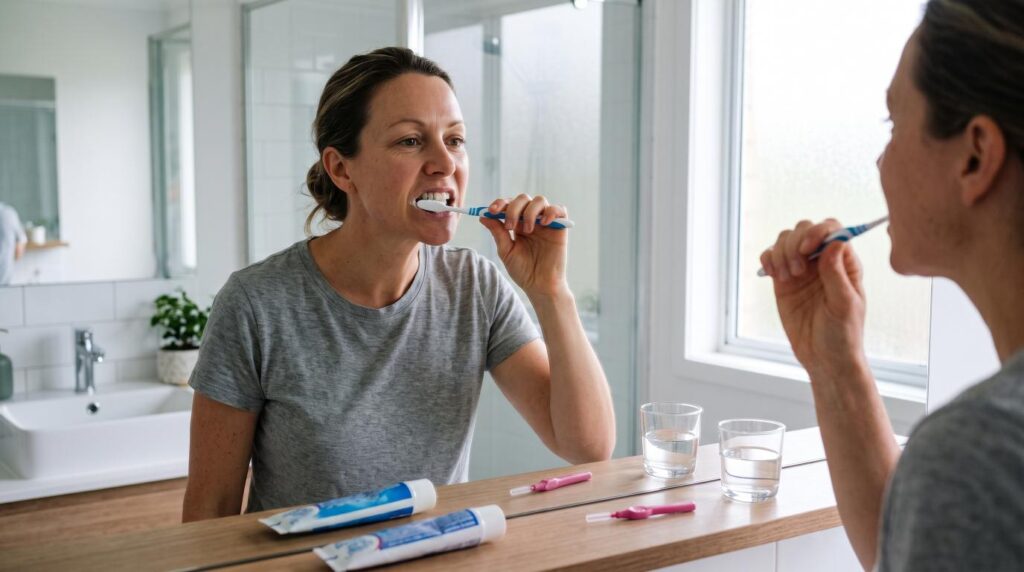 Adult cleaning teeth and around a dental implant at home