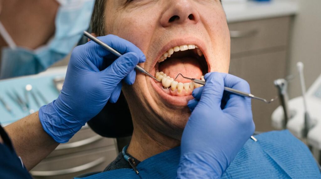 Dentist examining an existing dental implant for possible problems
