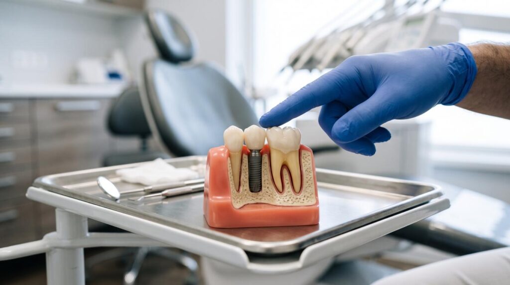 Dental implant model showing the implant post, abutment, and crown