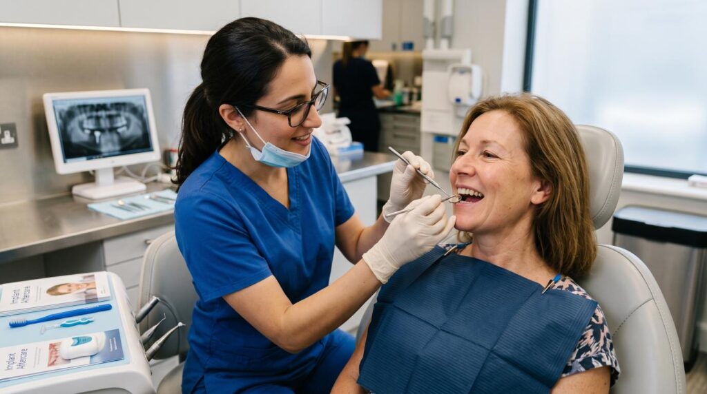 Dentist checking an implant patient's oral health and bite