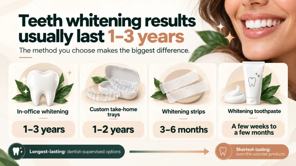 Inforgraphic showing the exact answer to the question : How Long Does Teeth Whitening Last?